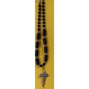 Womens Black Gothic Cross Necklace Glass Beads Silver Pendant Handmade